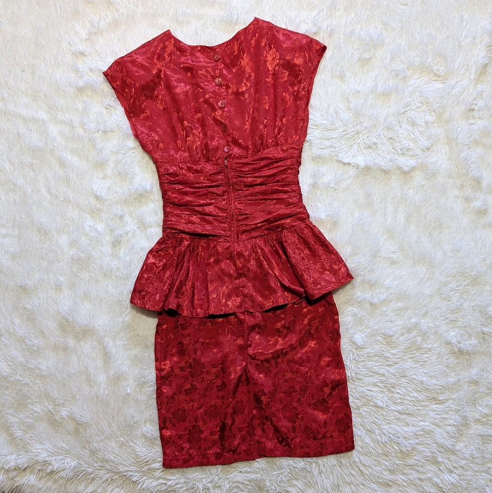 80s Vintage Jodi Schwartz Satin Peplum Ruched Waist Button Back Dress Size 3 - Picture 5 of 14